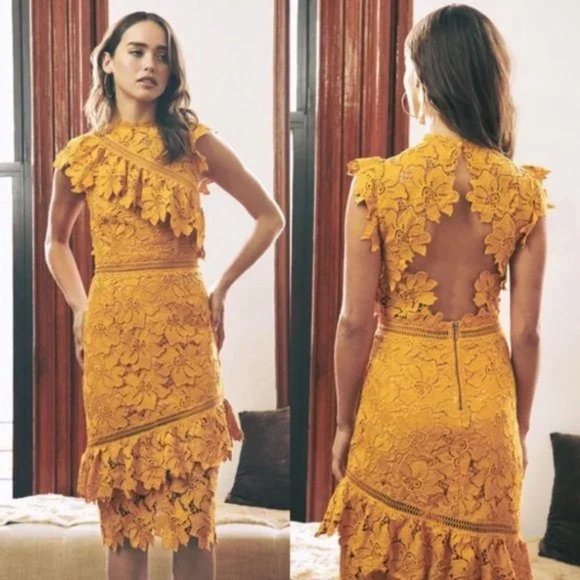 SAYLOR Dresses & Skirts - NEW SAYLOR Reine Mustard Yellow Sheath Midi Dress XS Lace Open Back Ruffle  $264